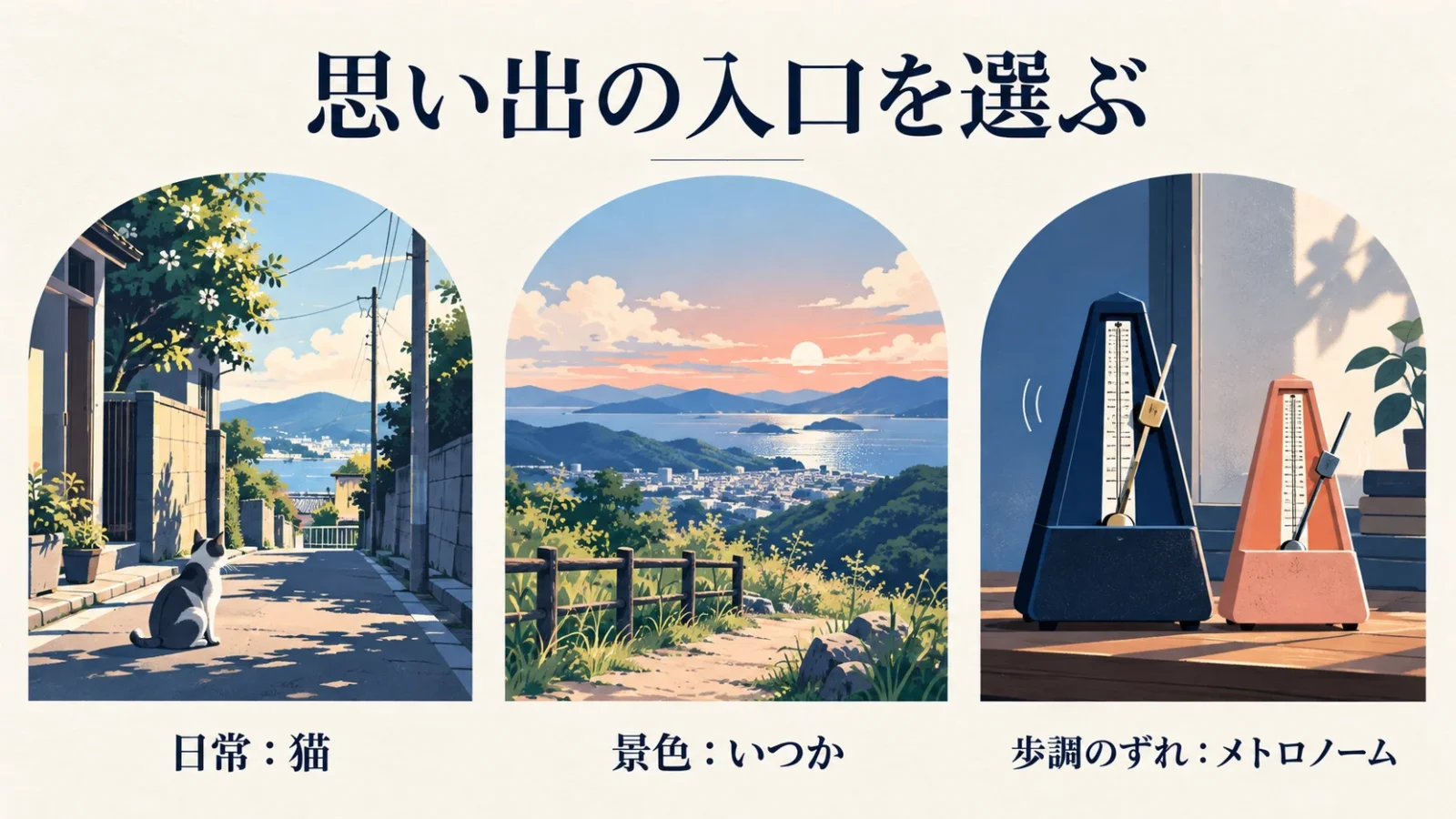 思い出の入口を選ぶ。図中の文字：日常：猫／景色：いつか／歩調のずれ：メトロノーム