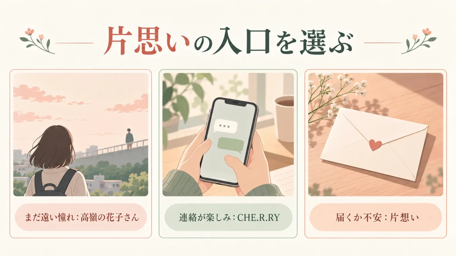 片思いの入口を選ぶ。図中の文字：まだ遠い憧れ：高嶺の花子さん／連絡が楽しみ：CHE.R.RY／届くか不安：片想い