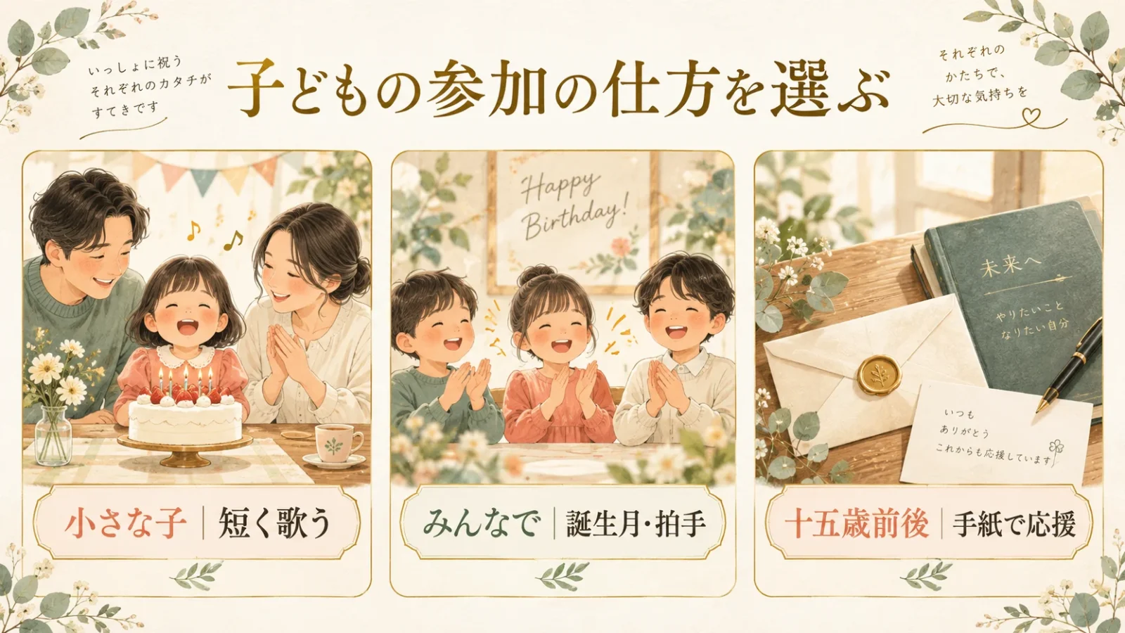 子どもの参加の仕方を選ぶ。小さな子：短く歌う／みんなで：誕生月・拍手／十五歳前後：手紙で応援