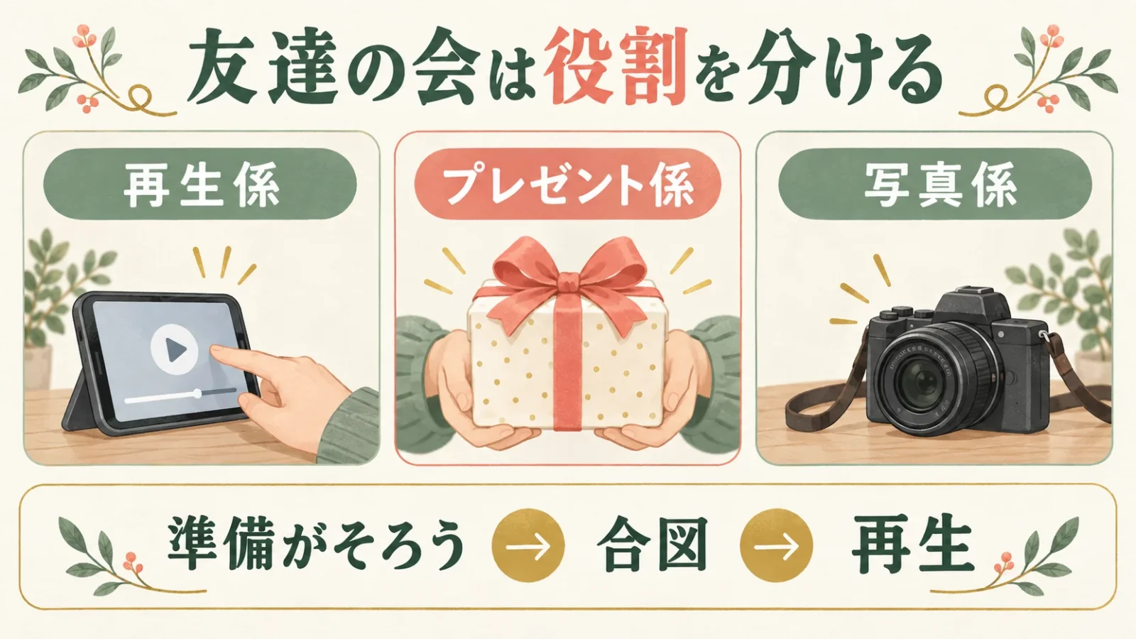 友達の会は役割を分ける。再生係／プレゼント係／写真係。準備がそろう→合図→再生