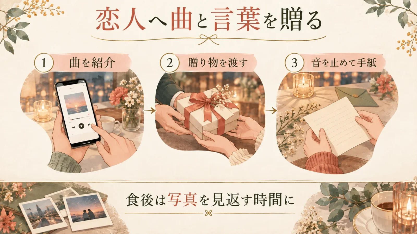 恋人へ曲と言葉を贈る。曲を紹介→贈り物を渡す→音を止めて手紙。食後は写真を見返す時間に