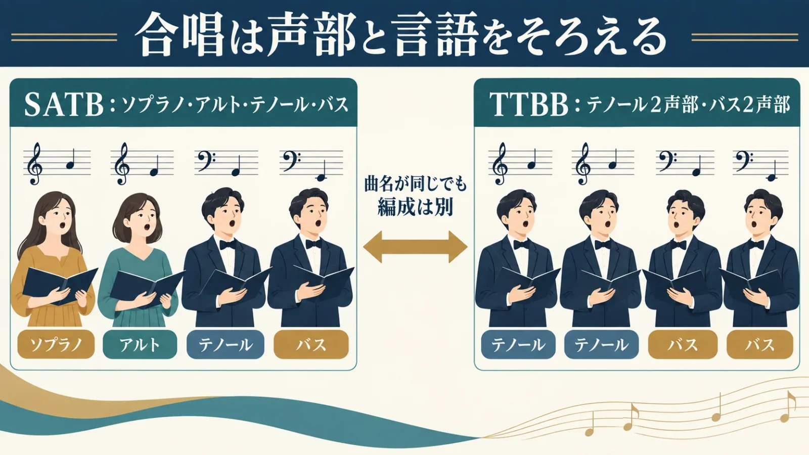 合唱は声部と言語をそろえる。SATB：ソプラノ・アルト・テノール・バス／TTBB：テノール2声部・バス2声部。曲名が同じでも編成は別