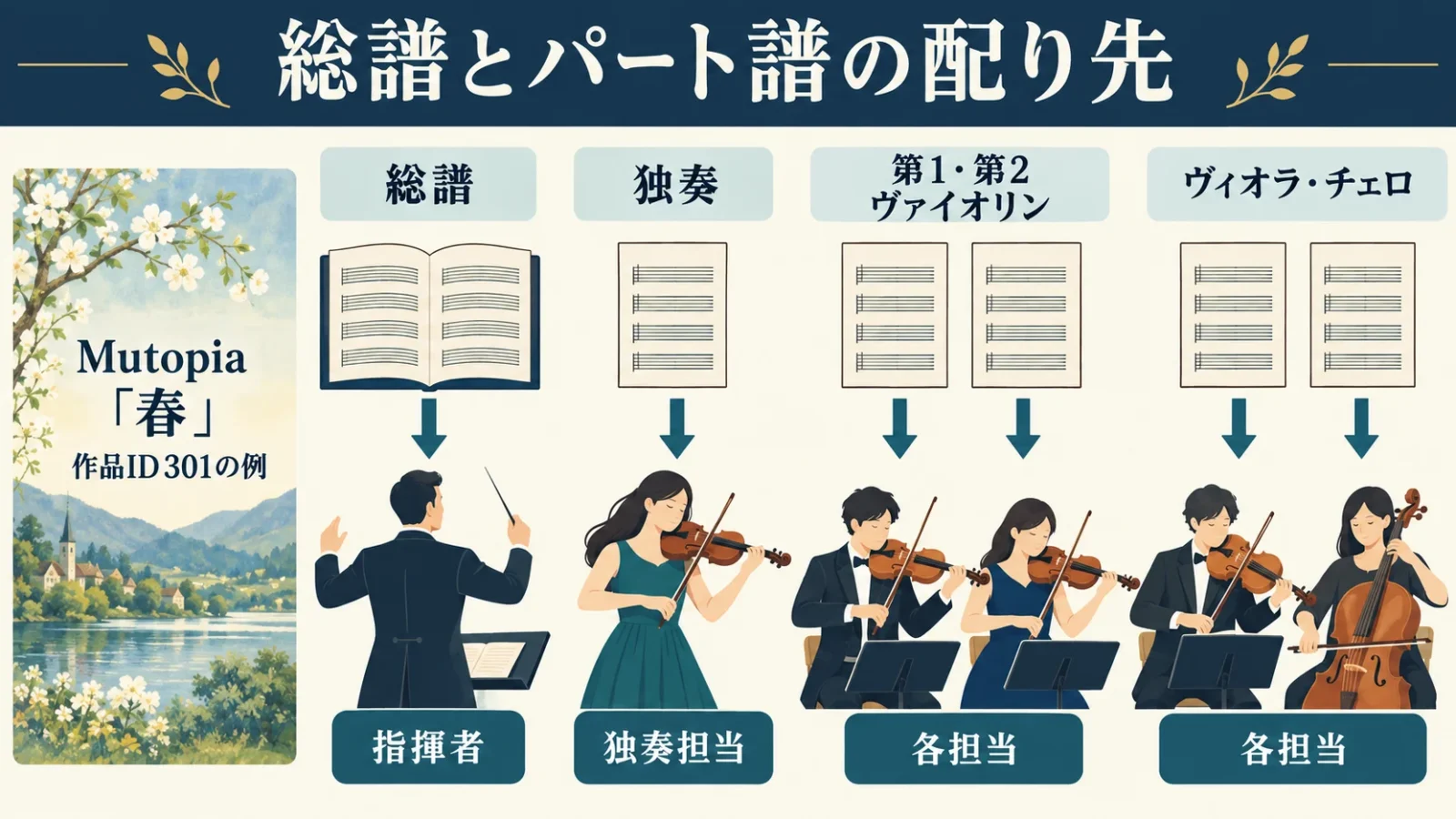 総譜とパート譜の配り先。総譜→指揮者／独奏→独奏担当／第1・第2ヴァイオリン→各担当／ヴィオラ・チェロ→各担当。Mutopia「春」作品ID301の例