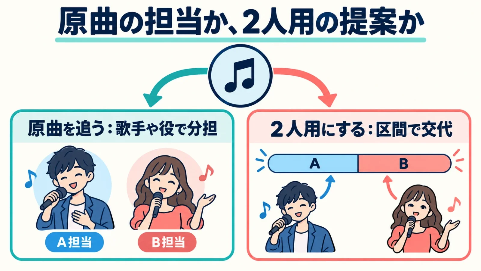 原曲の担当か、2人用の提案か。原曲を追う：歌手や役で分担／2人用にする：区間で交代