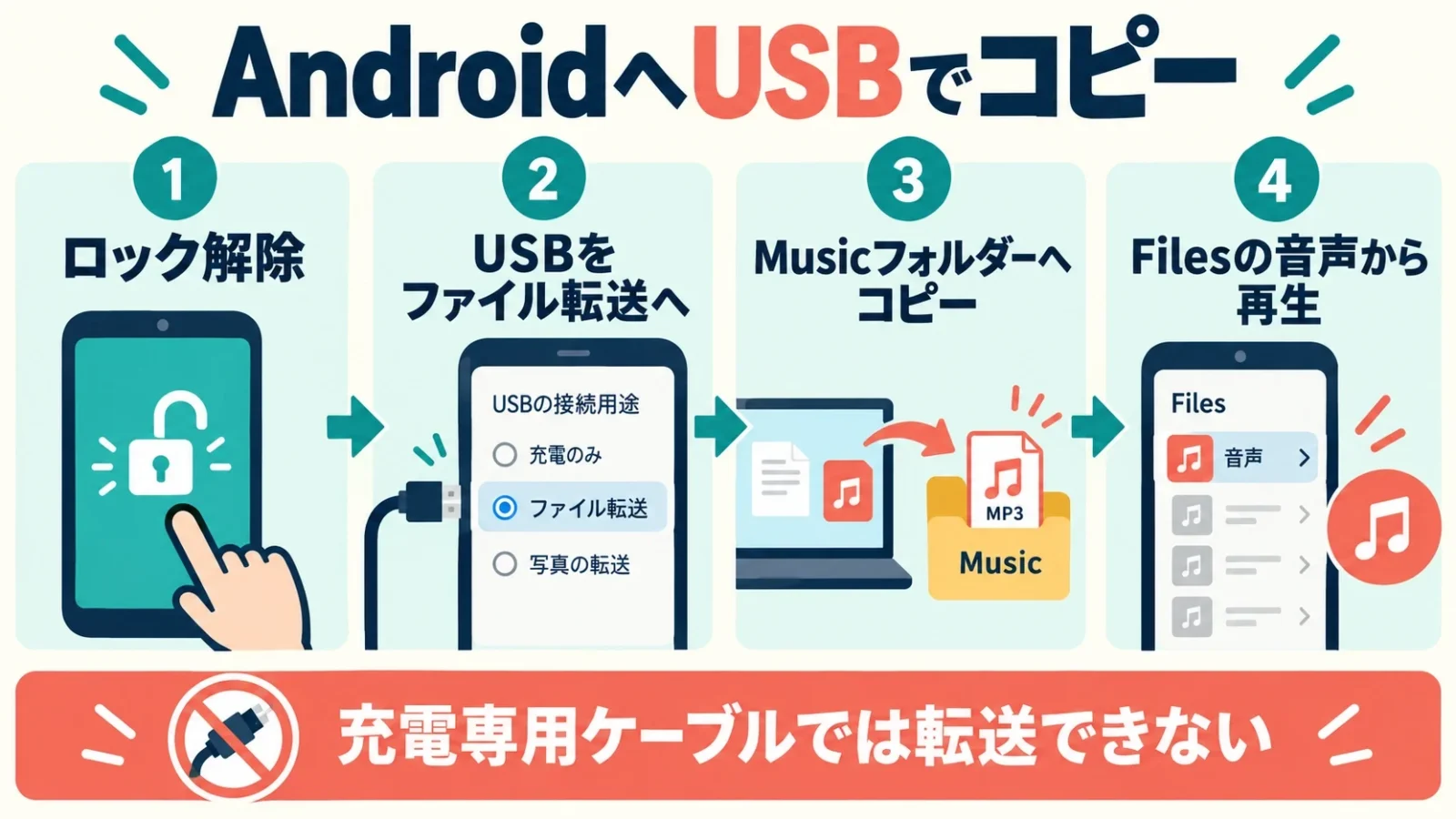 AndroidへUSBでコピー。ロック解除→ファイル転送→Musicへコピー→Files音声再生