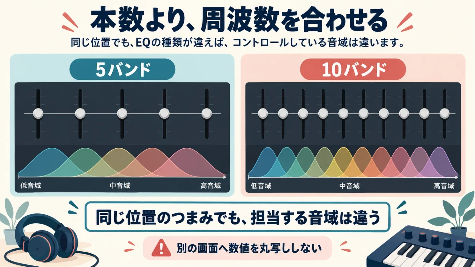 5バンドと10バンドの違い。5本と10本のつまみを同じ高さで描く。位置を丸写しせず周波数を照合する。おすすめカーブは示さない。