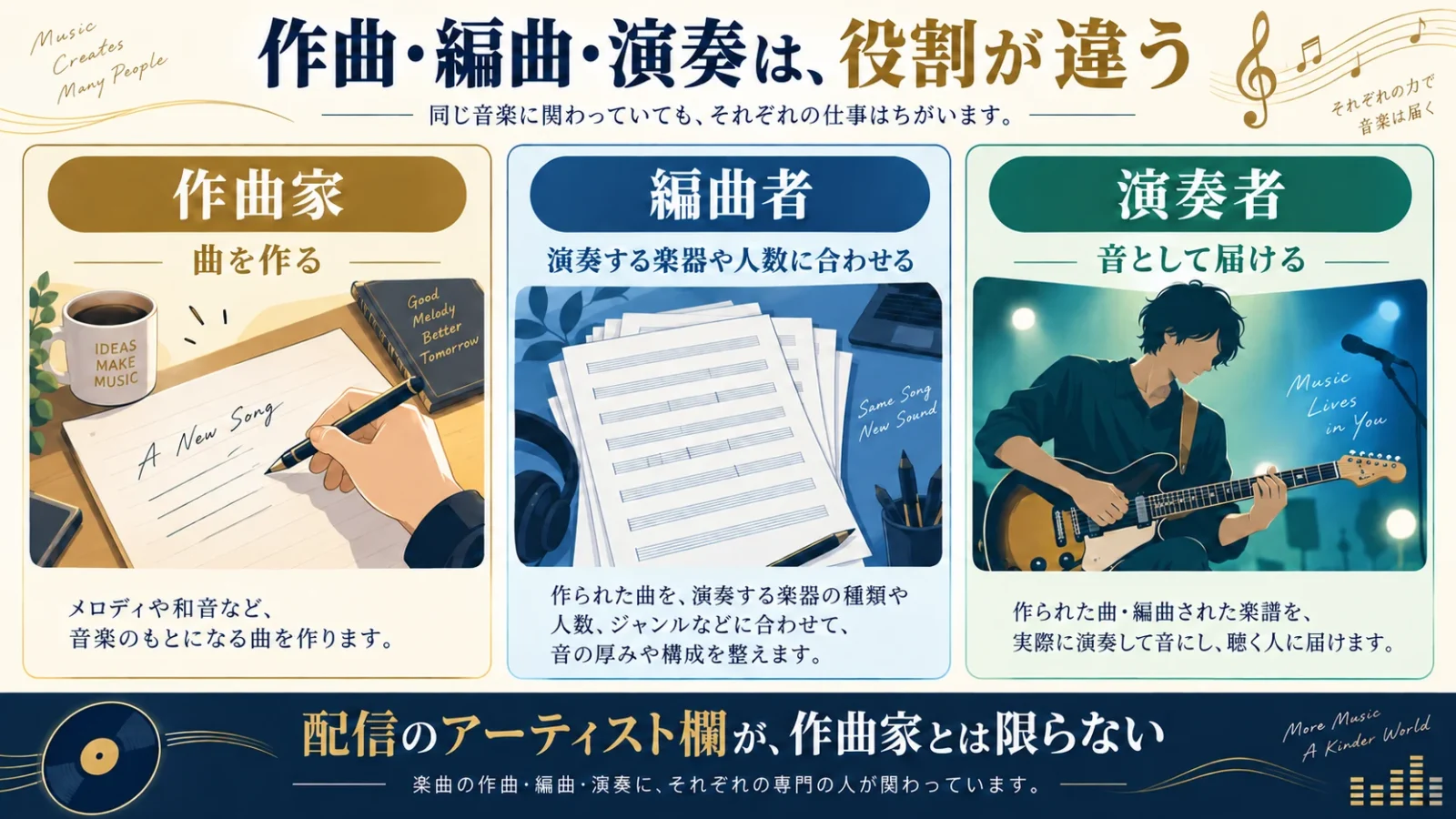 作曲家・編曲者・演奏者の違い。曲を作る作曲家、別の楽器に整える編曲者、実際に演奏する演奏者の3役を分離。