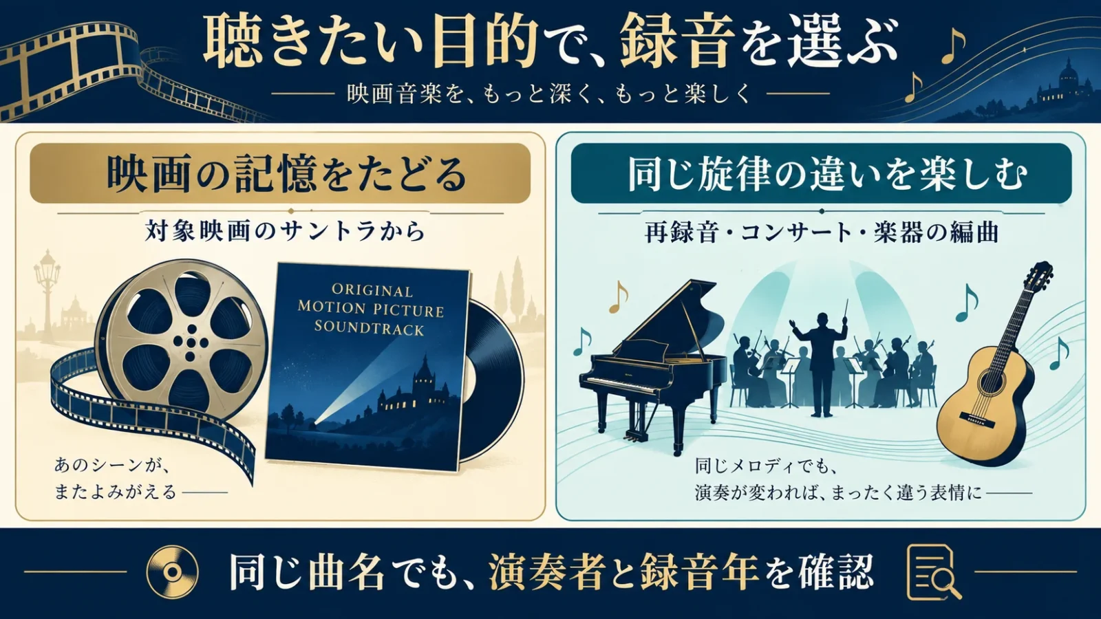 聴きたい目的で録音を選ぶ。映画の記憶に近い音は対象映画サントラ、別の音色は再録音・コンサート・編曲で探す。
