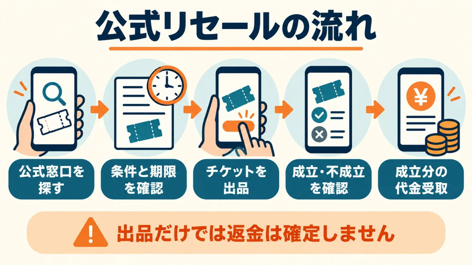 公演案内から出品、成立時の受取と不成立時の券返却へ進む流れ。