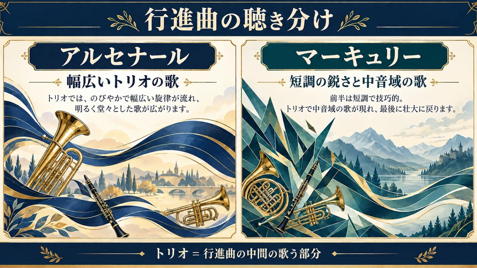 アルセナールの幅広いトリオと、マーキュリーの技巧的な前半から中音域の歌への変化を比較。