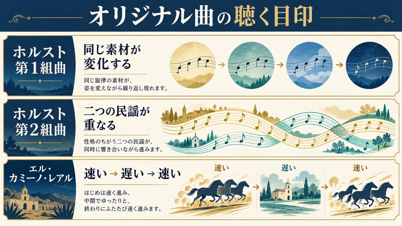 ホルスト第1組曲の素材変化、第2組曲の二つの民謡、エルカミーノの速い遅い速いを図解。音符は説明用の模式図。
