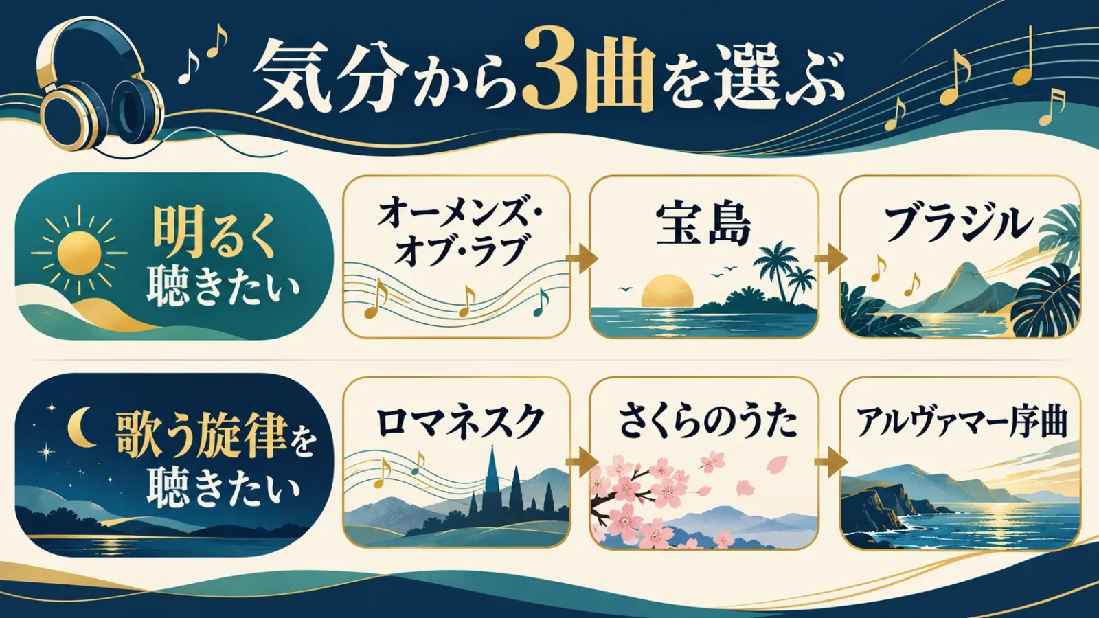 明るさはオーメンズ→宝島→ブラジル、歌う旋律はロマネスク→さくらのうた→アルヴァマーの順。