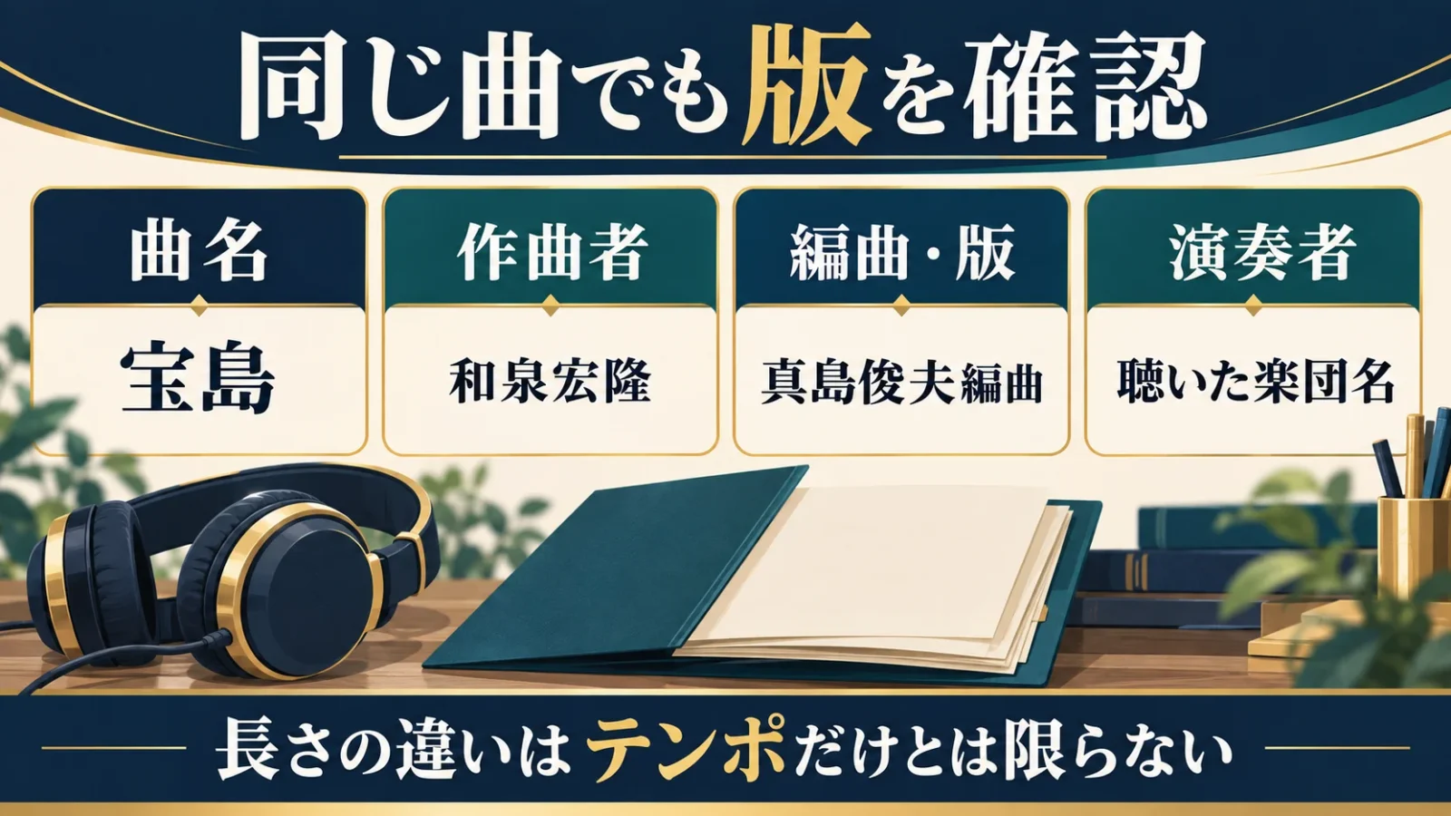 宝島を例に曲名、和泉宏隆、真島俊夫編曲、聴いた楽団名を保存する四項目。