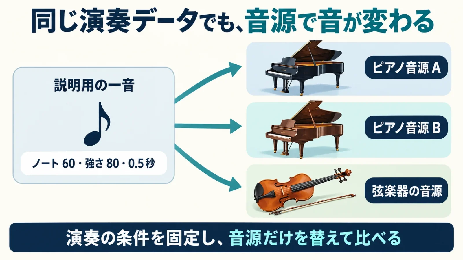 ノート60、強さ80、0.5秒を固定しピアノAとBと弦音源へ送る概念図。