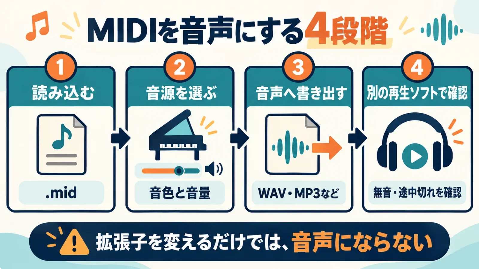 読込、音源、音声書出し、別ソフト確認の四段階。拡張子の変更だけでは不可。