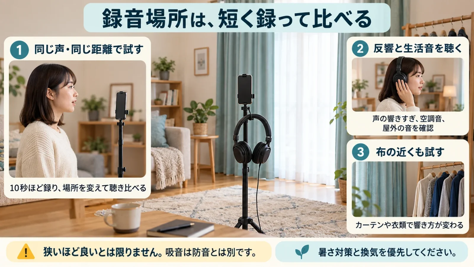 録音場所を短い試し録りで比較する方法。吸音と防音を区別し、換気と暑さ対策を優先する図解