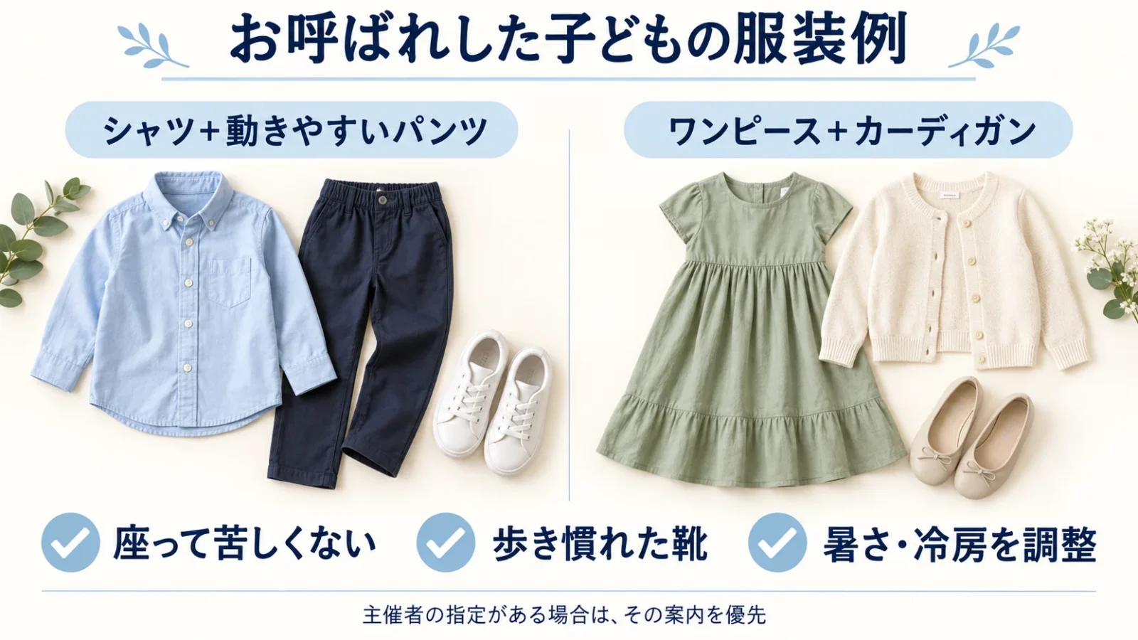 お呼ばれした子どもの服装例:シャツとパンツ、ワンピースとカーディガン