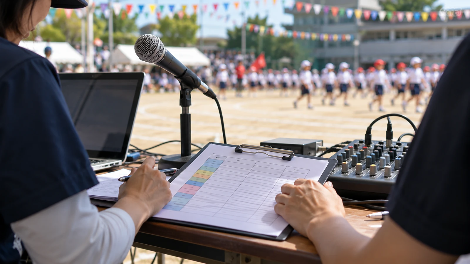 運動会の放送席で、進行表と音楽の再生機器を確認する担当者