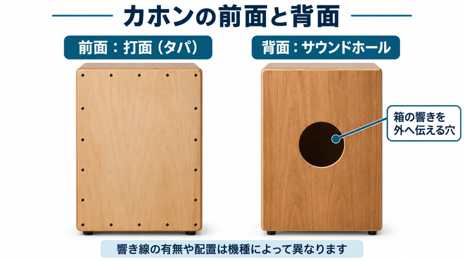 一般的な箱型カホンの前面と背面。前面が打面、背面に丸いサウンドホール。響き線の有無は機種による。