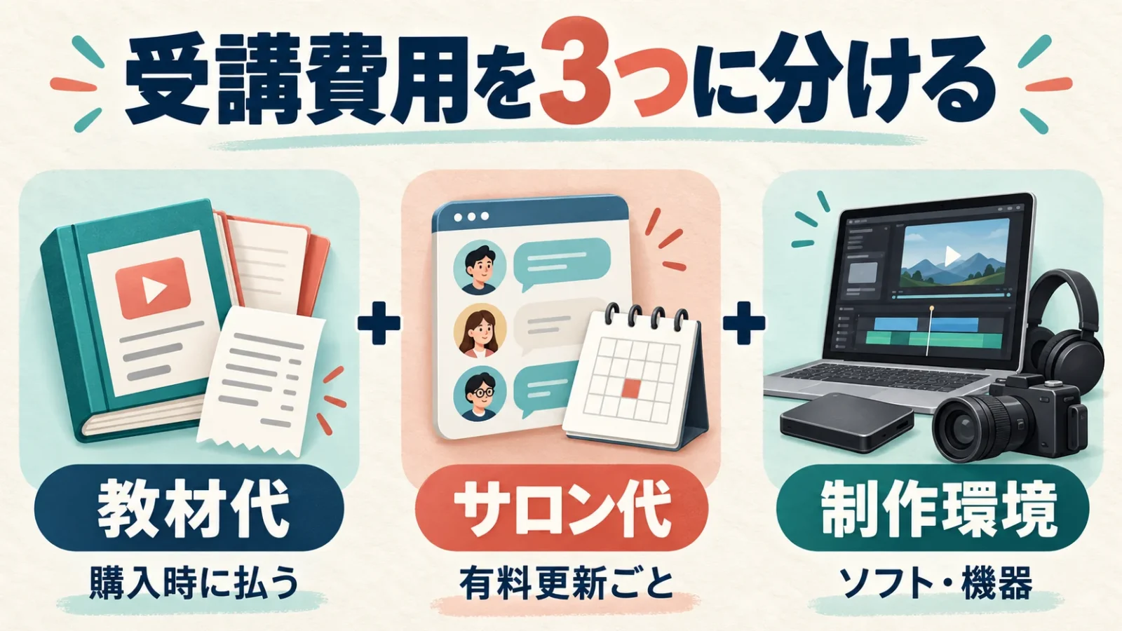 教材代、サロンの有料更新、ソフト・機器という3種類の費用を分けた図。