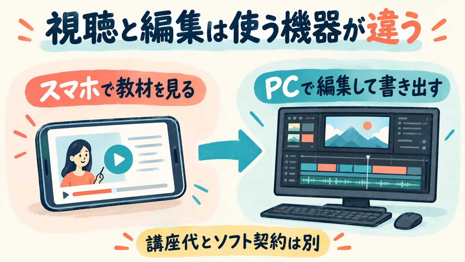 スマートフォンによる教材視聴と、パソコンによる編集・書き出しを区別する。