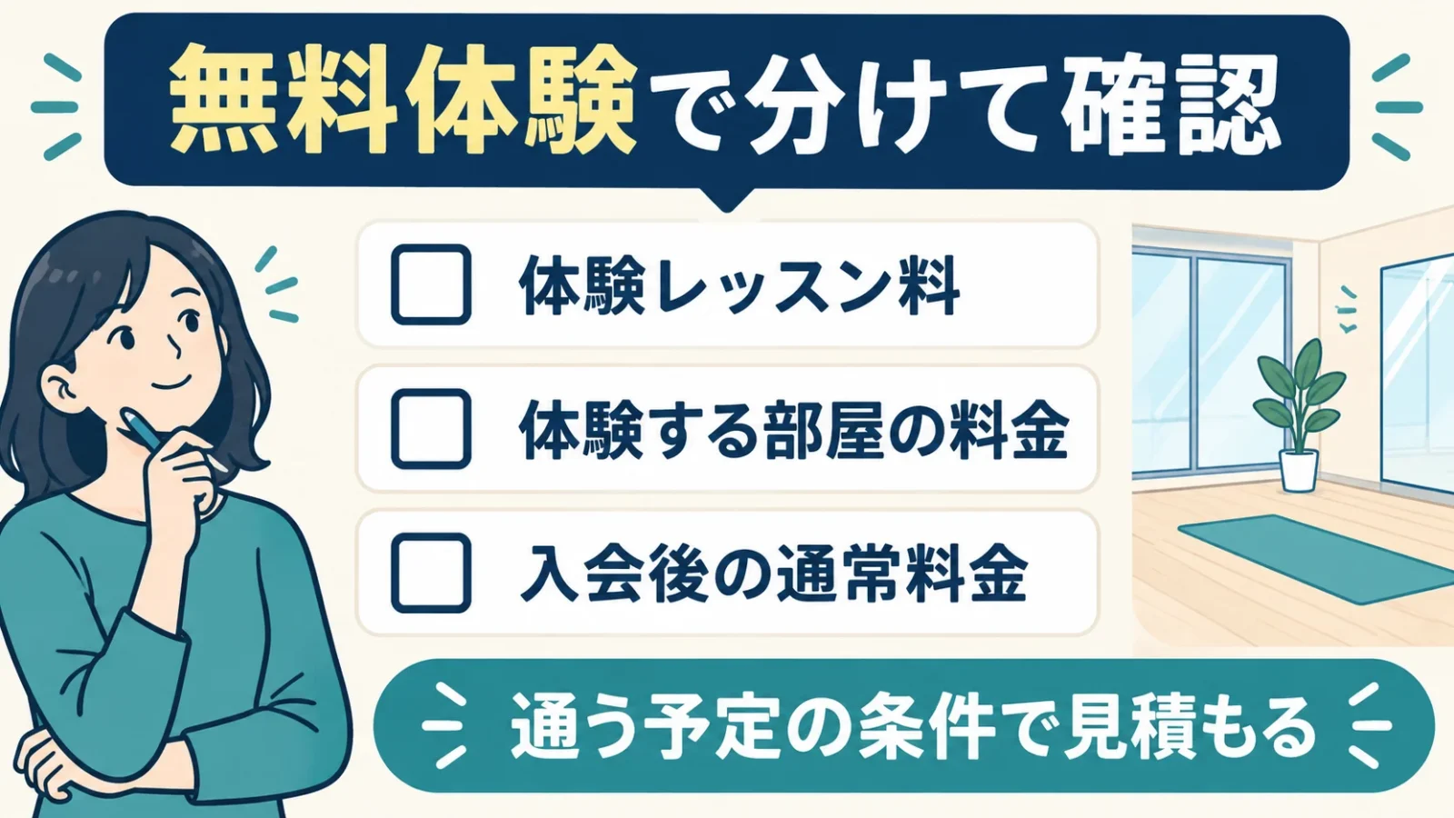 体験料、体験の部屋代、入会後の部屋代は別の確認項目。