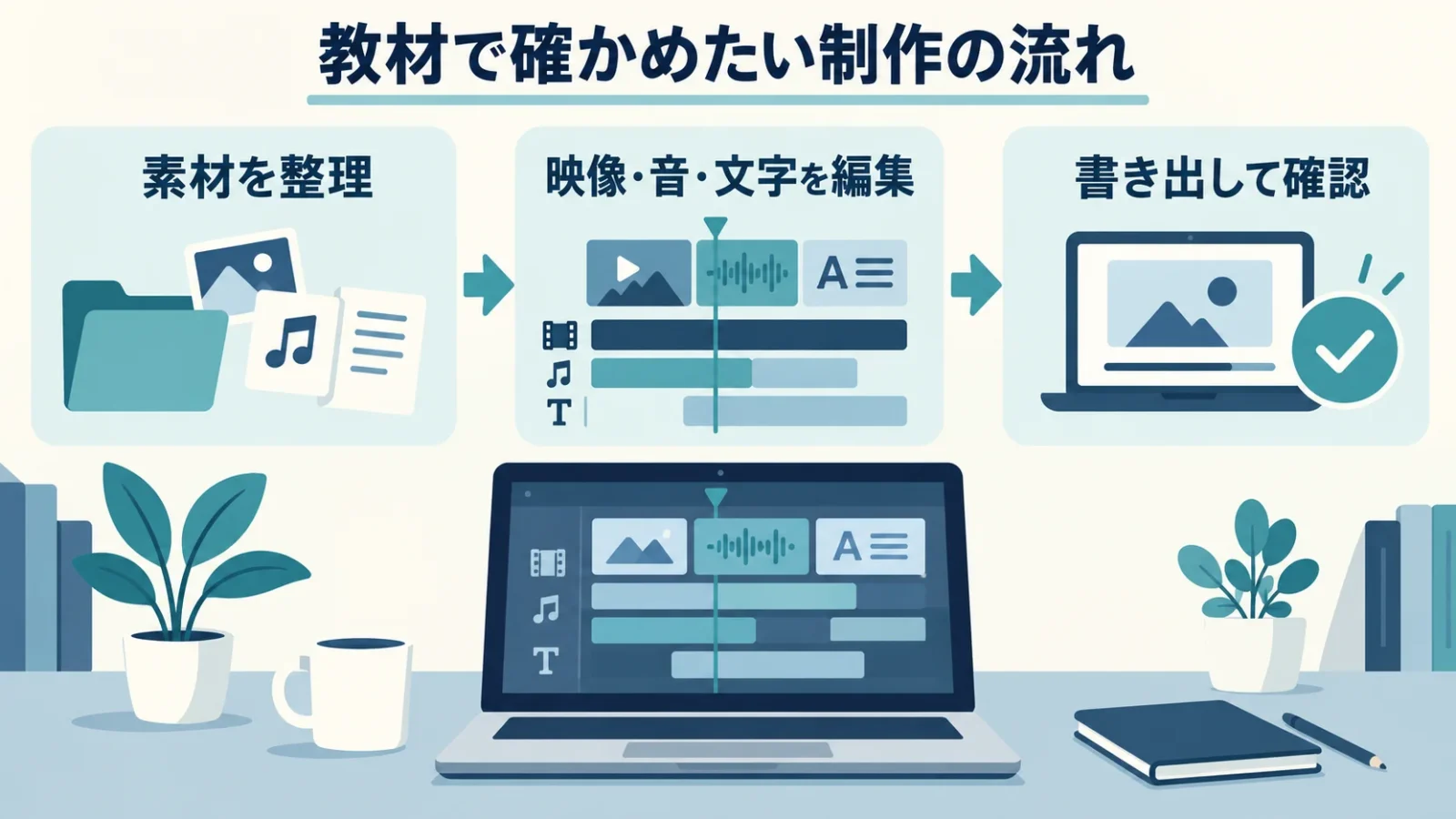 動画編集を素材の整理、編集、書き出しの工程として見る。