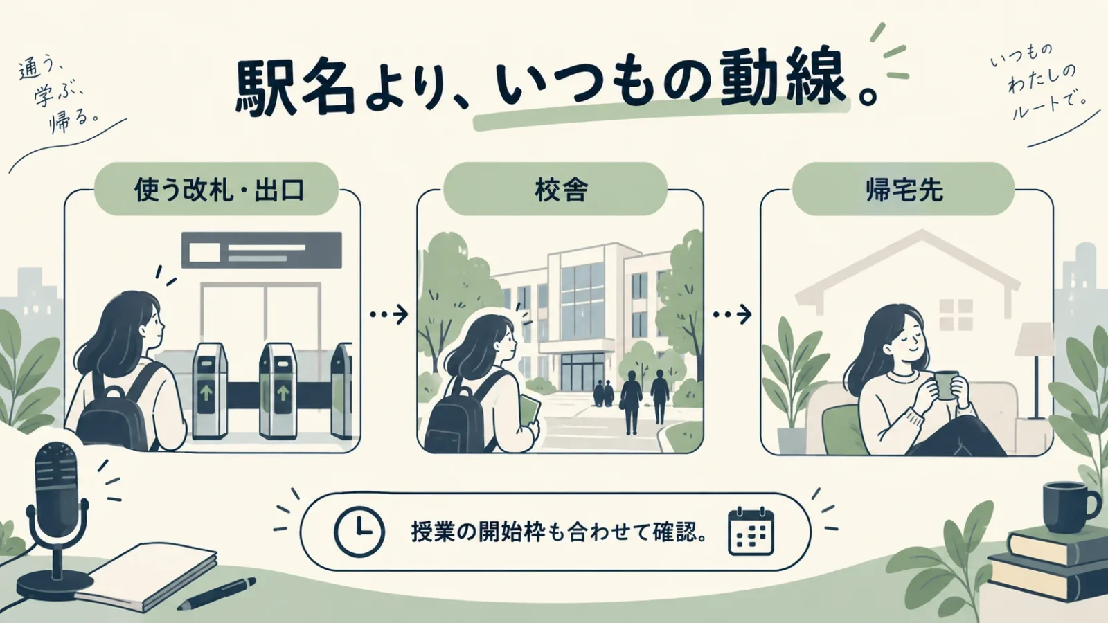 使う駅の出口、校舎、帰宅までを一つの動線で確認する。
