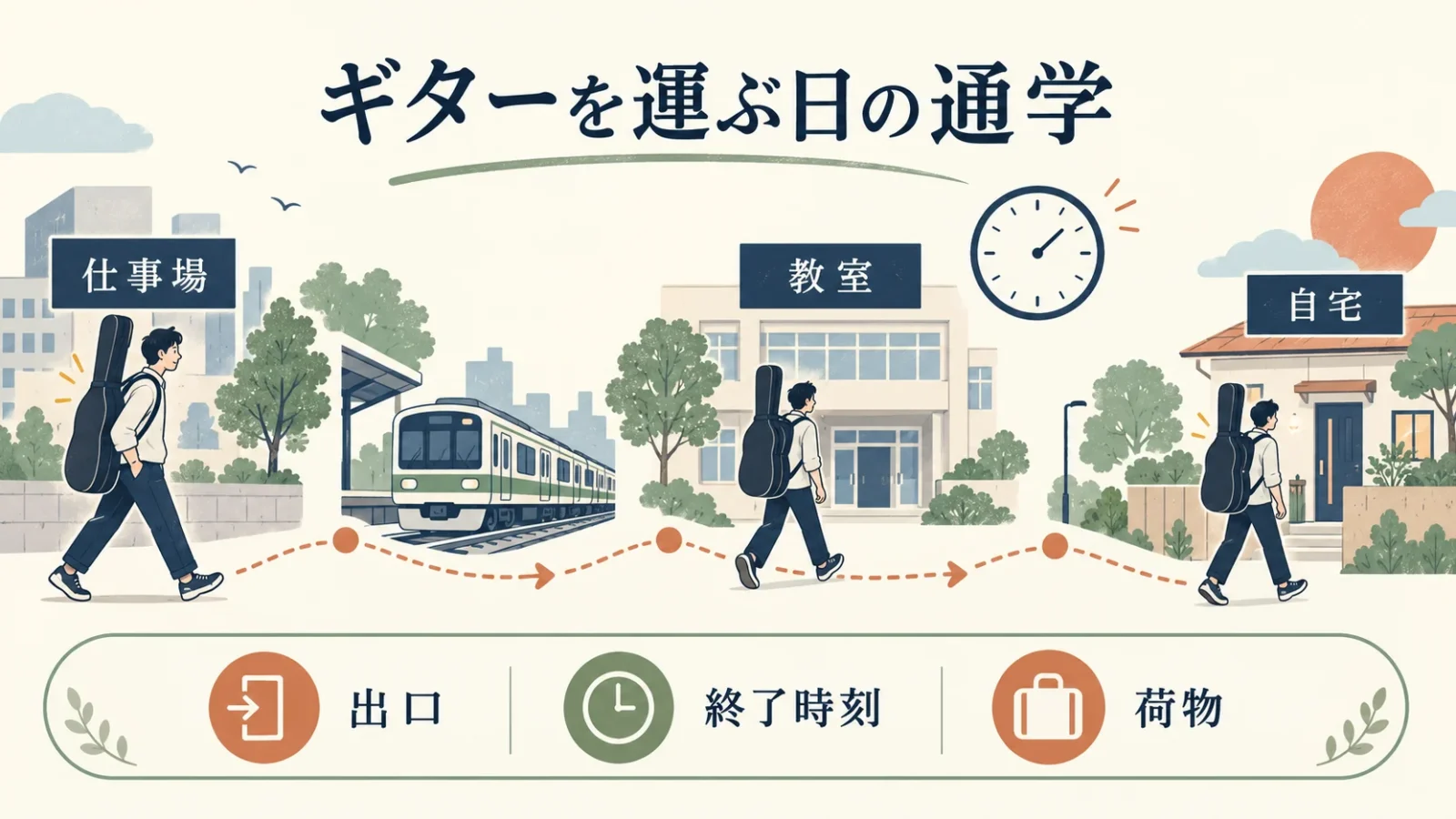 仕事場から教室と自宅への移動に、ギターを運ぶ条件と授業終了時刻を重ねる。