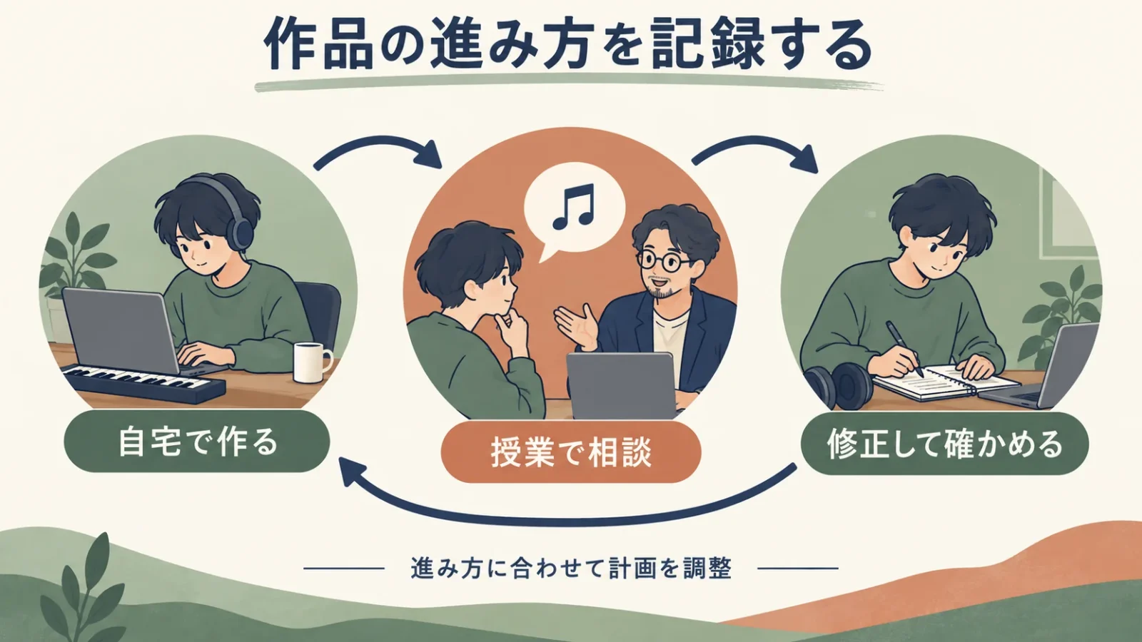 自宅で作り、授業で相談し、修正して確かめる学習の循環。
