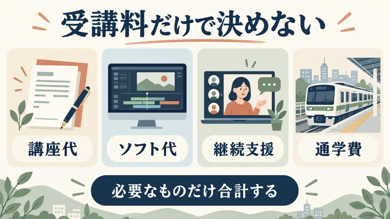 受講料にソフト代、継続支援、通学費を加える予算の組立て。