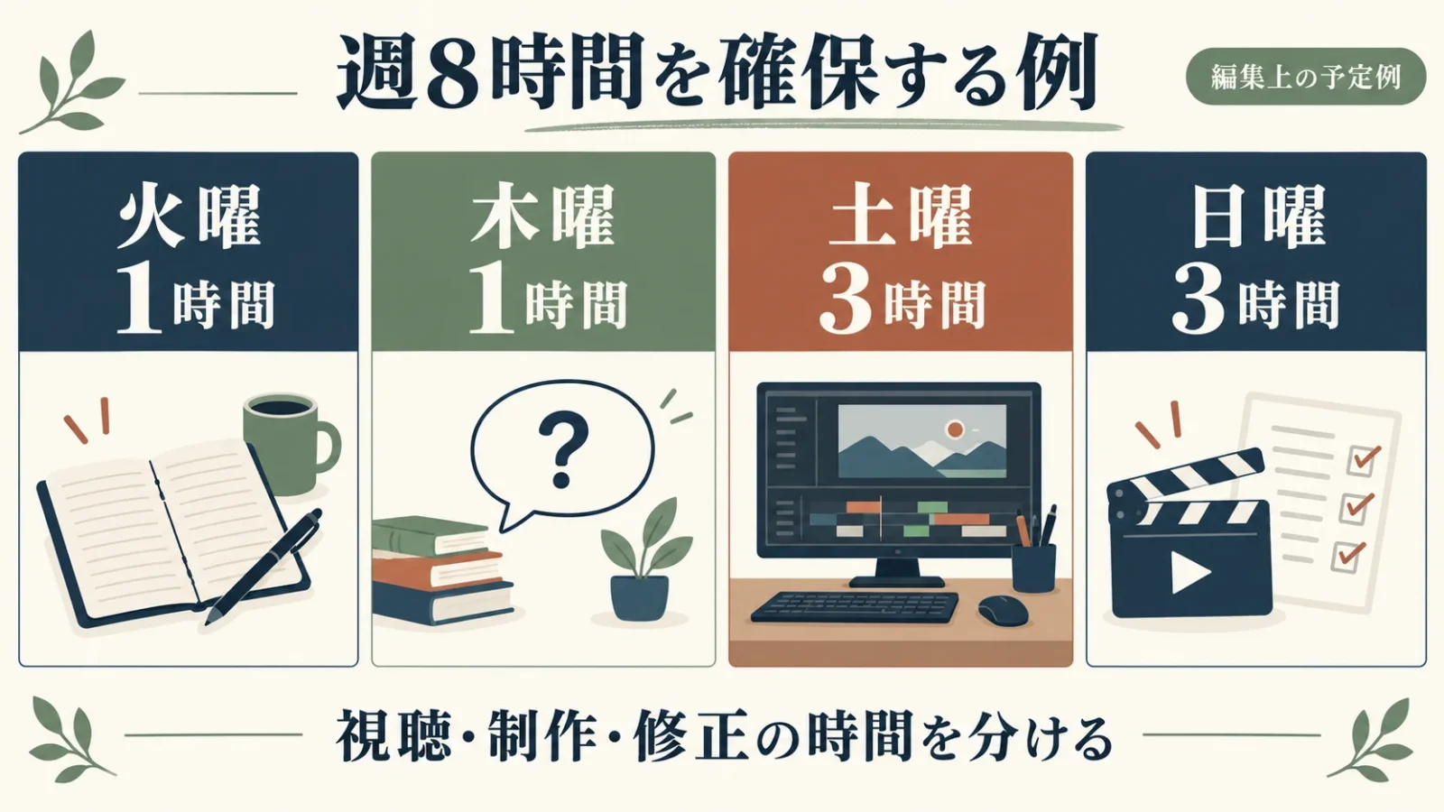 週8時間の予定例を平日各1時間と週末各3時間に分ける。