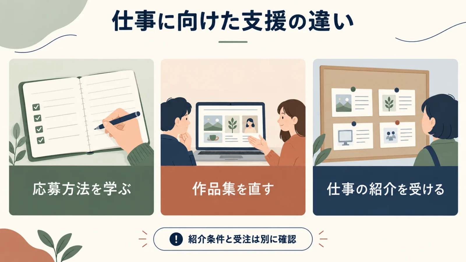 応募方法の学習、作品集の添削、仕事の紹介は別の支援である。