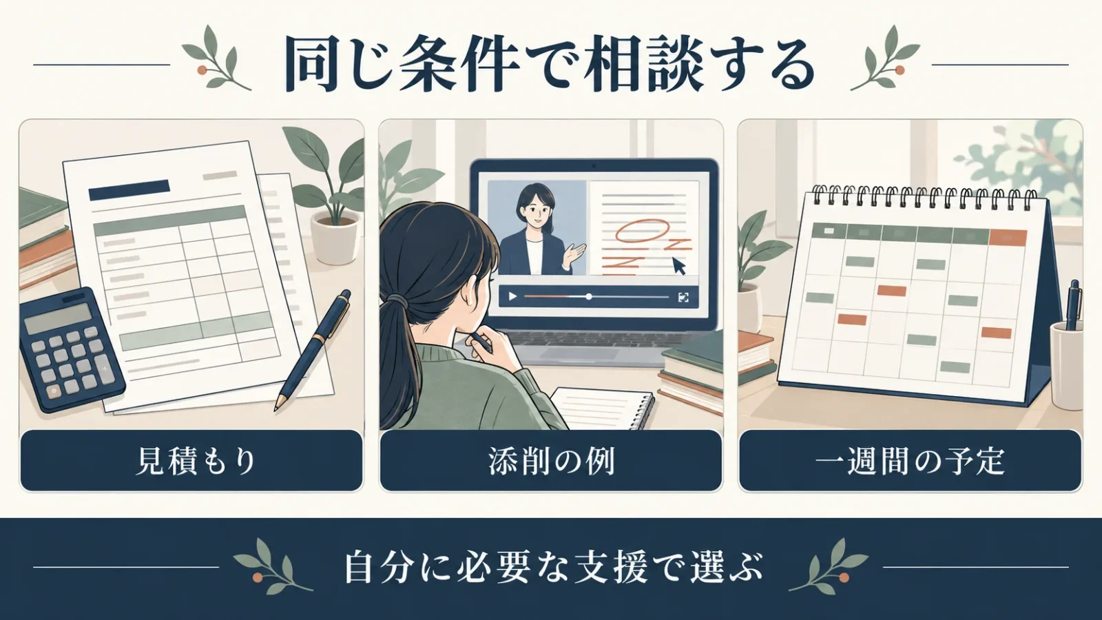 予算、見てもらいたい作品、一週間の予定を同じ条件で相談する。