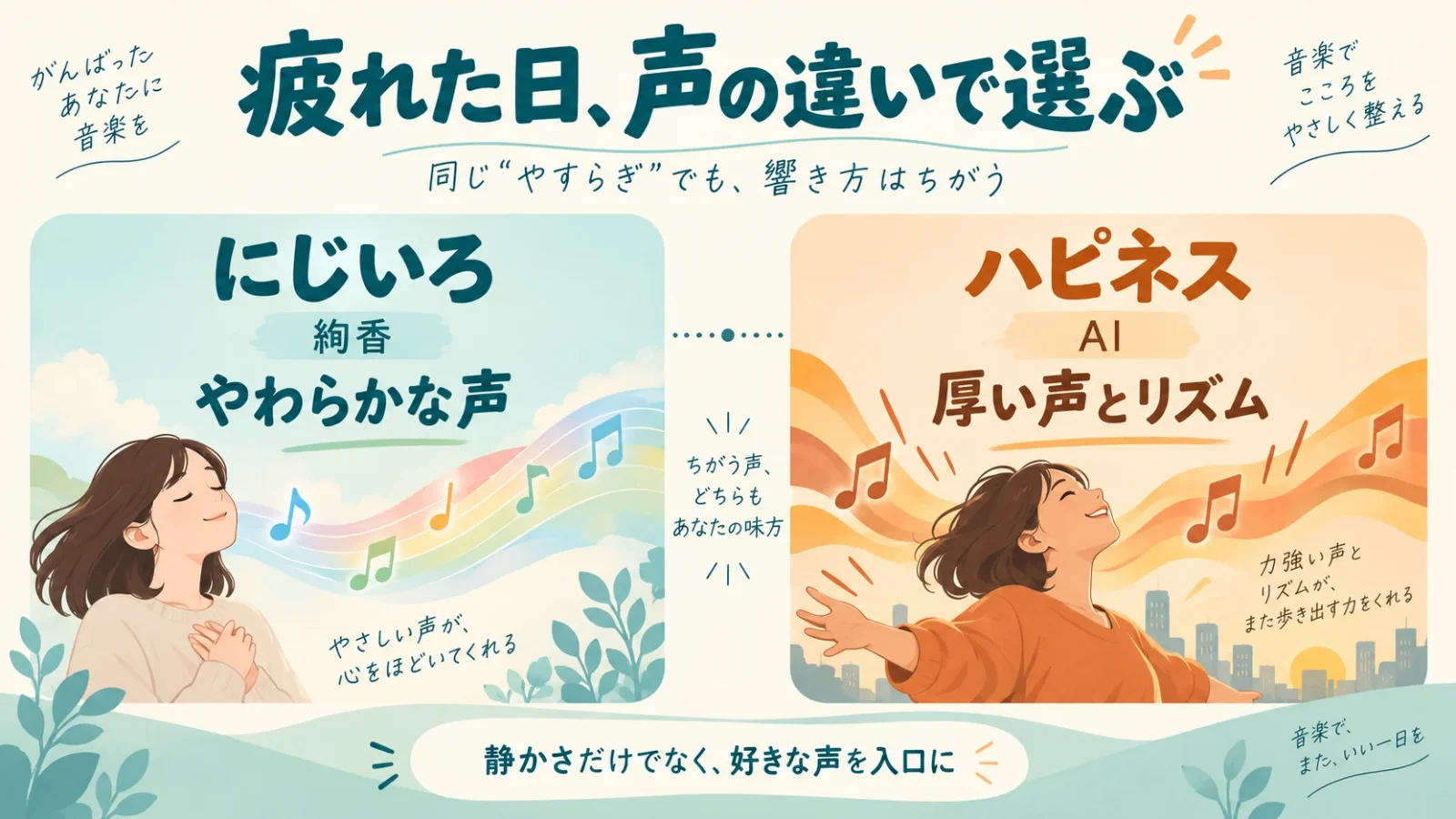 疲れた日、声の違いで選ぶ比較図。絢香「にじいろ」はやわらかな声、AI「ハピネス」は厚い声とリズム。音の力強さから二曲を選び分ける。