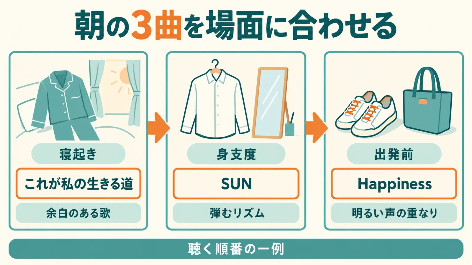 朝の3曲を場面に合わせる手順。寝起きの「これが私の生きる道」→身支度の「SUN」→出発前の「Happiness」。別の場面へ移る順番を示す。