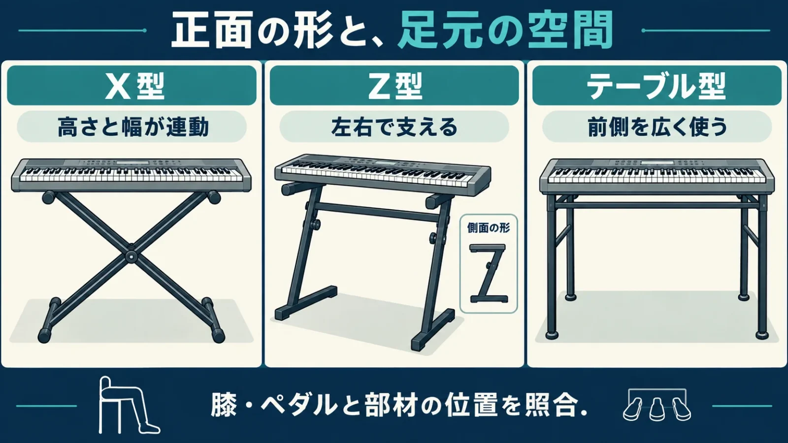 X型は交差する中央支柱、Z型は左右の側面、テーブル型は前側の空間という形状の違いを正面と小さな側面図で示す。