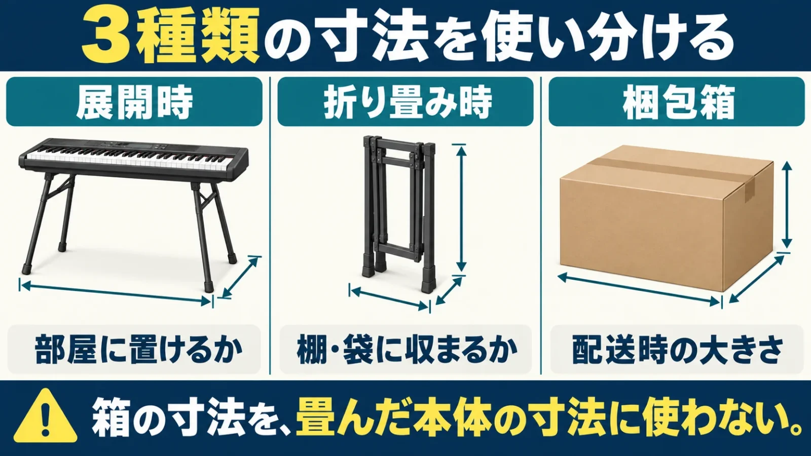 展開したスタンド・畳んだスタンド・梱包箱を並べ、収納の判定に使う三辺と配送用の箱寸法が別であることを示す。