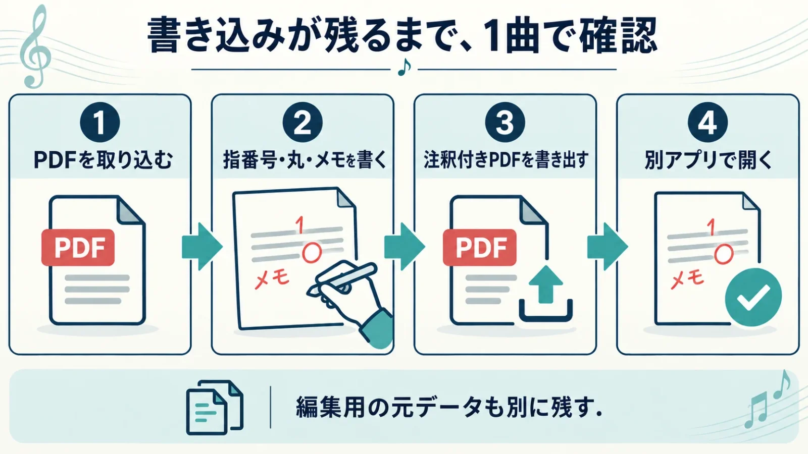 PDF取込、注釈、注釈付き書出し、別アプリで同じ注釈を確認する順序。
