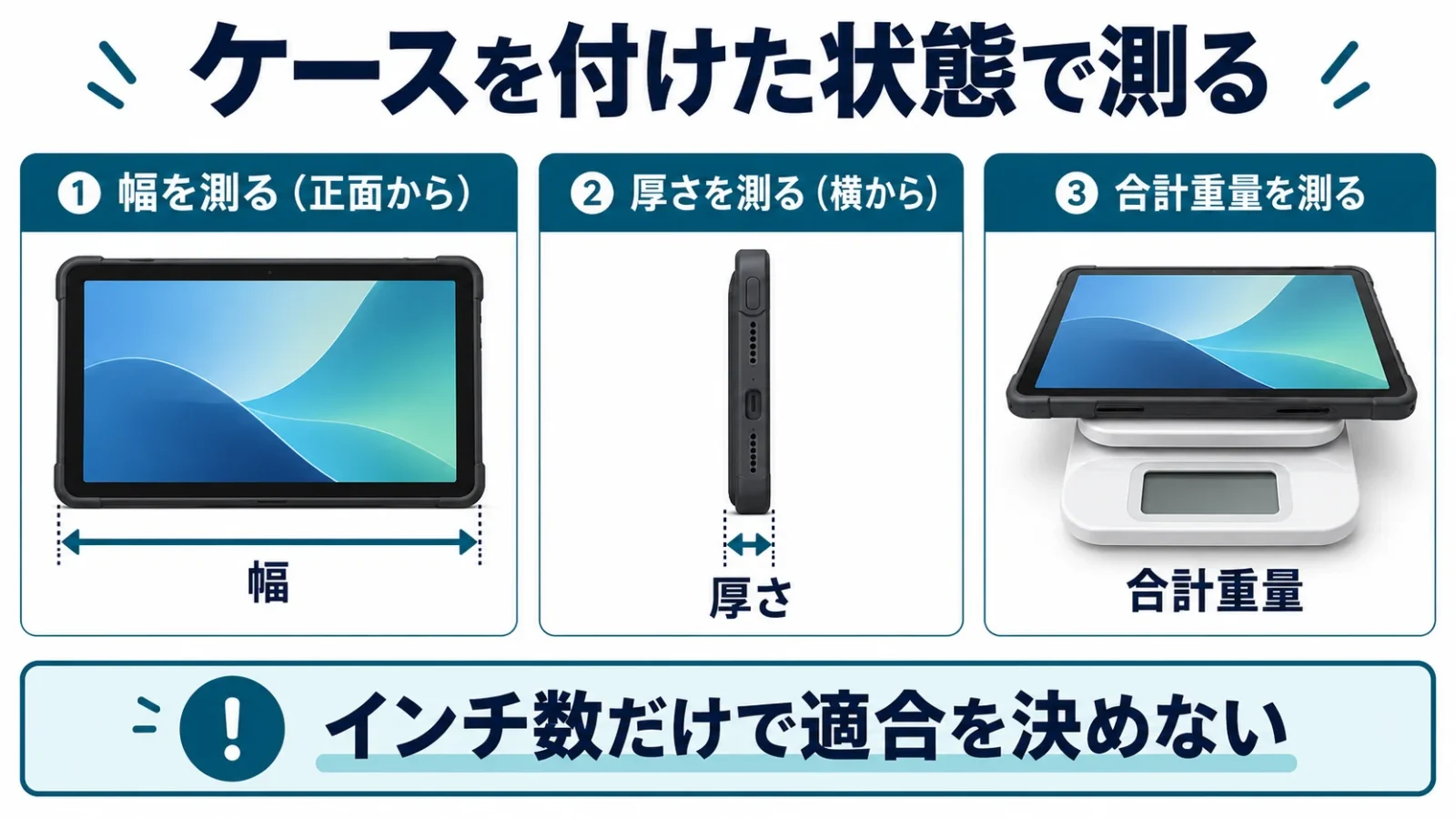 ケースを付けた幅・厚さ・重量を測る