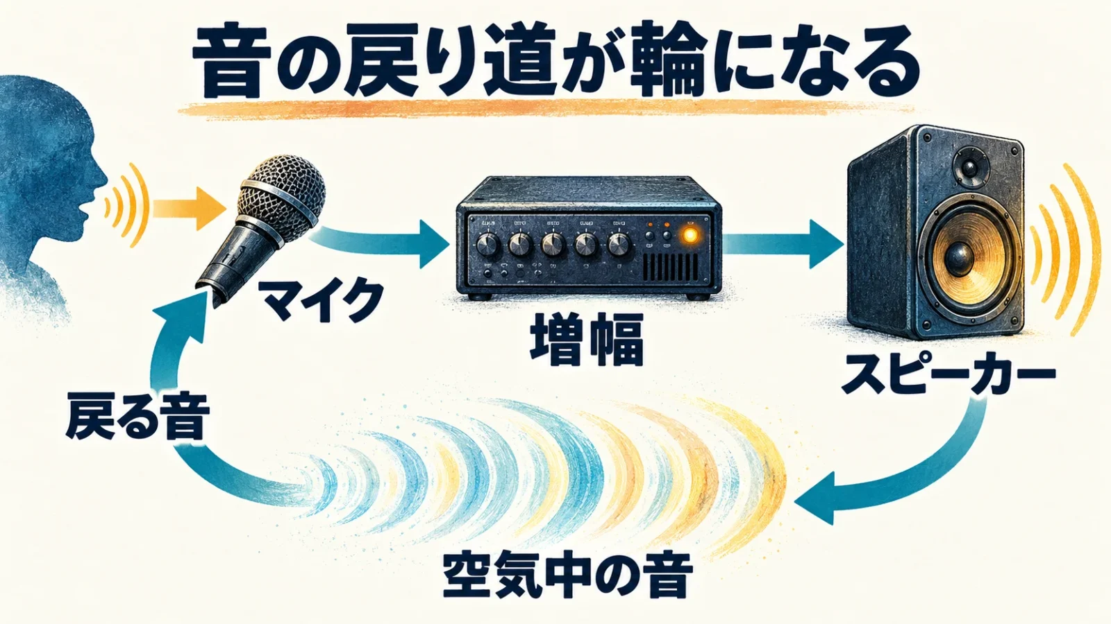 マイクからスピーカーへ出た音が戻る循環