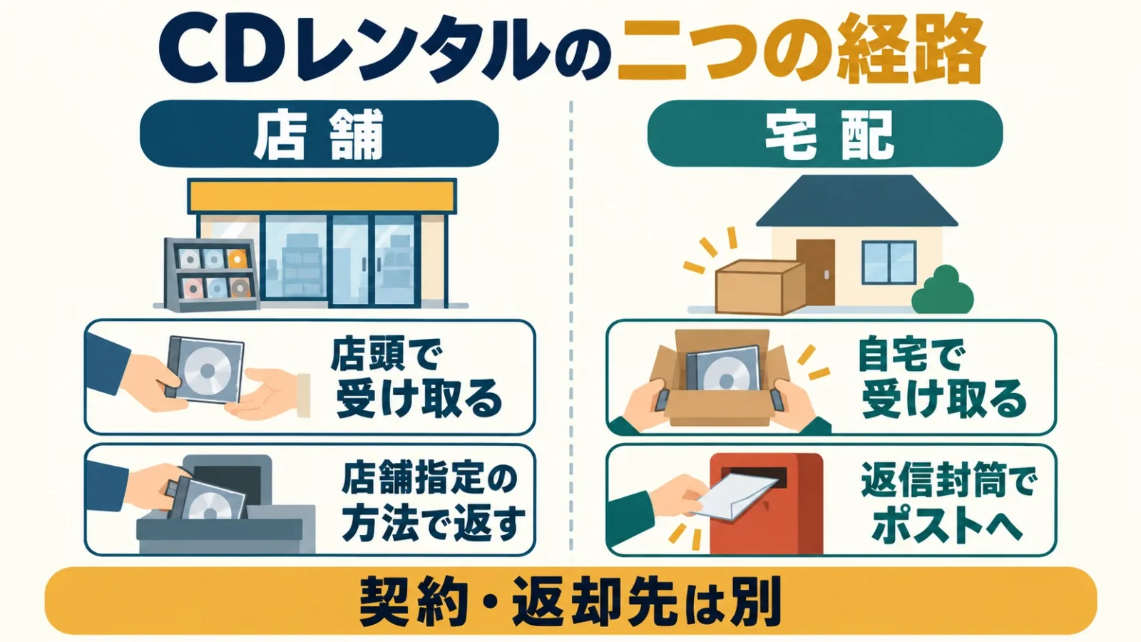受け取り方と返却先で店舗・宅配を分ける