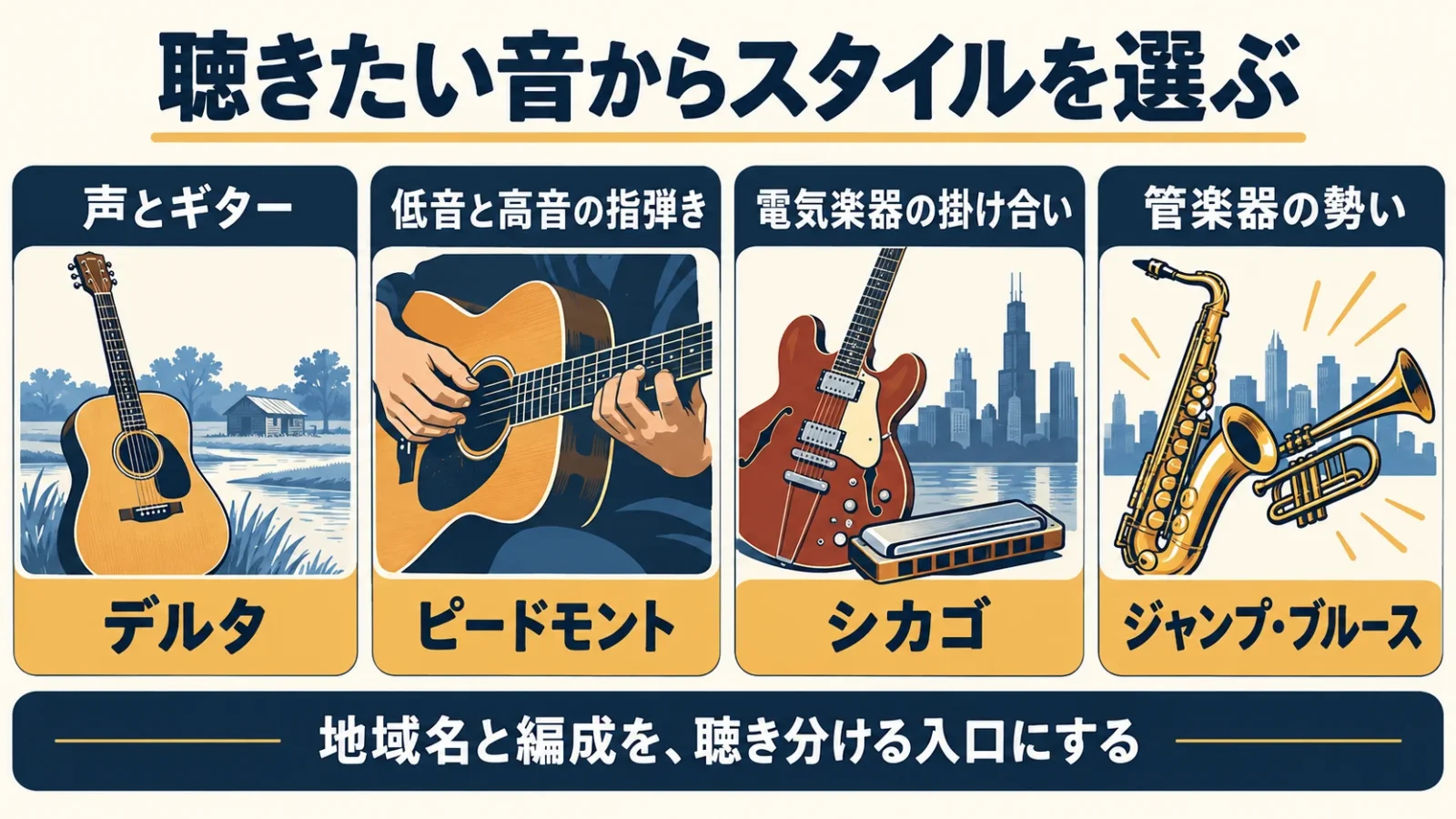 声とギター・指弾きの低高音・電気楽器の対話・管楽器からスタイルを選ぶ