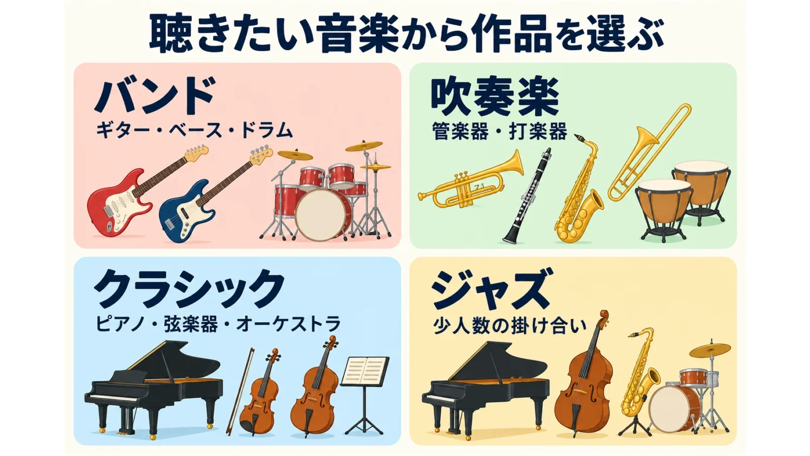 バンド・吹奏楽・クラシック・ジャズから聴きたい音楽を選ぶ。分類は重なる場合がある