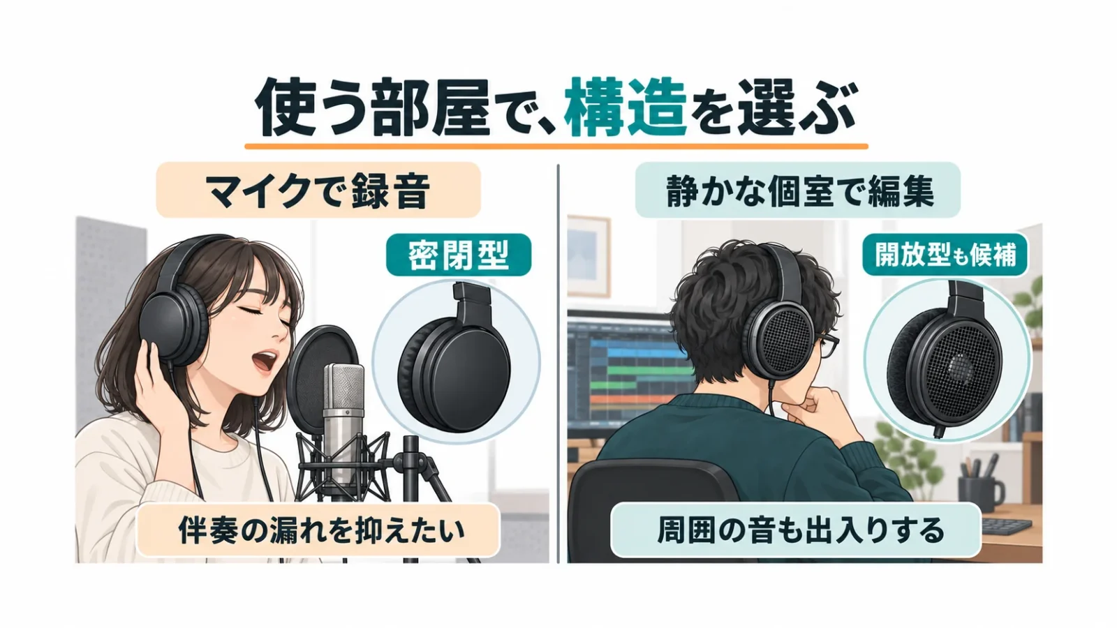 マイク録音には密閉型、静かな個室での編集には開放型も候補になる図