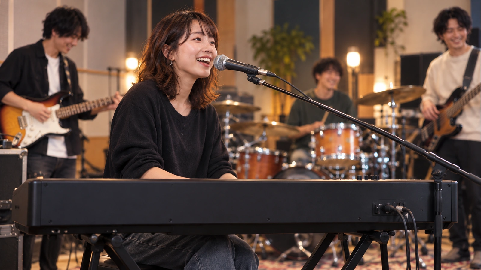 キーボードを演奏しながらコーラスも担当するバンドメンバー