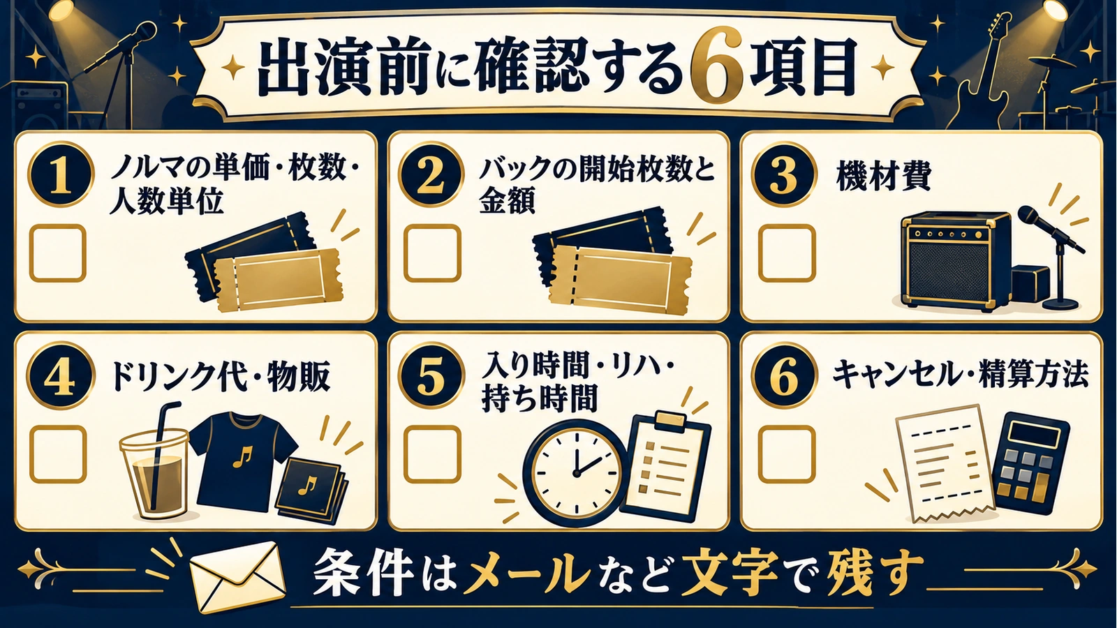 ライブ出演前に確認するノルマ、バック、機材費、ドリンク、時間、精算の6項目