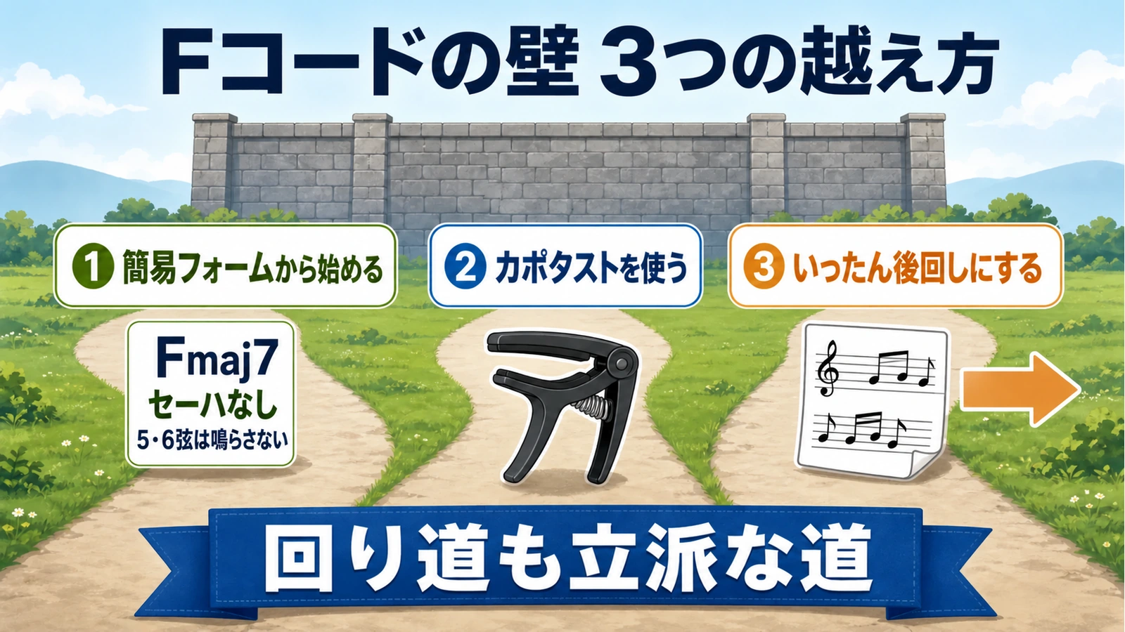 Fコードの壁への3つの対応。簡易フォームFmaj7、カポタスト、いったん後回しにする。